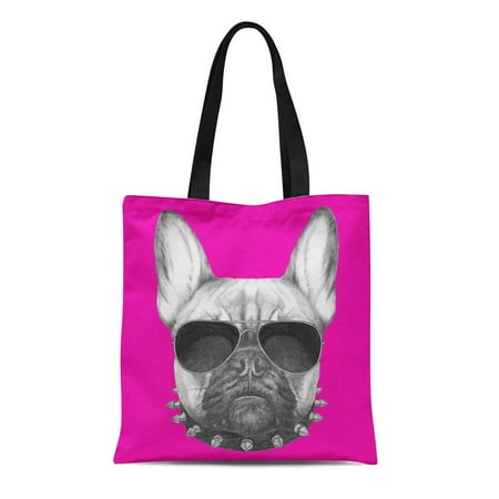 ASHLEIGH Canvas Bag Resuable Tote Grocery Shopping Bags Pink Dog Original Drawing of French Bulldog with Collar and Sunglasses Colored B Tote Bag