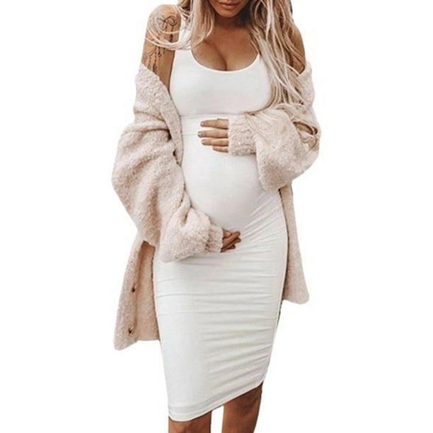 Sonducket Vestido Mujer Embarazada Sin Mangas Vestido Corto Mujer Embarazada Sin Mangas Color Sólido Ropa De Verano Prendas para la parte del cuerpo Blanco L
