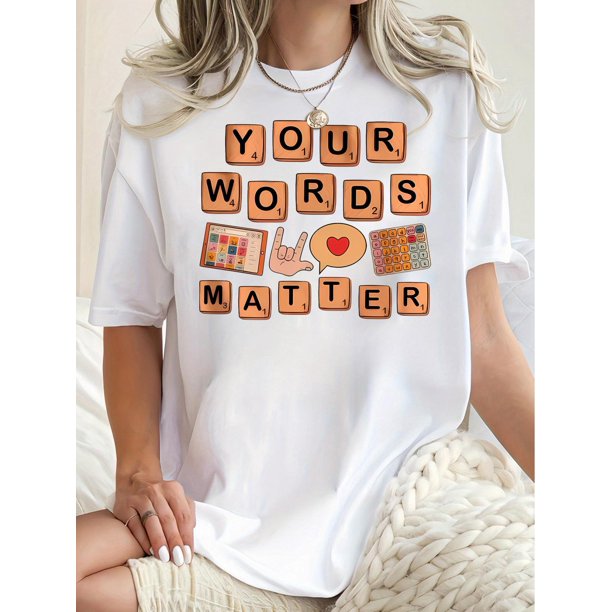 1pc Women'S Casual Crew Neck T-Shirt with "Your Words Matter" Geometric Print, Polyester Knit Fabric, Medium Stretch, All-Season Comfort Fit