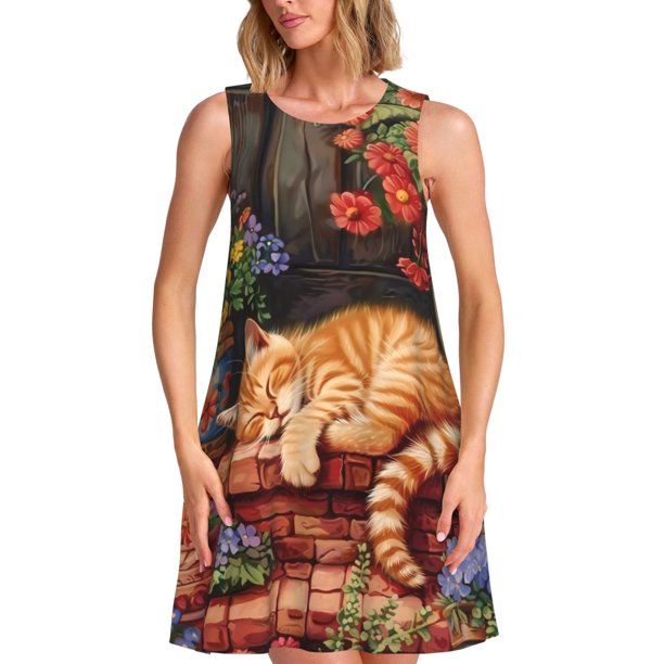 Disketp Sleeping Cat Flowers para Vestido sin Mangas para Mujeres, Vestidos de Verano para Mujeres, Casual y Holgado para la Playa