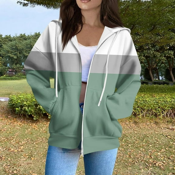 AGWOLF Full Zip Up Sweatshirts for Women Oversized Cradient Hooded Jacket Coat Tredy Cardigan Long Sleeve Tops with Pocket
