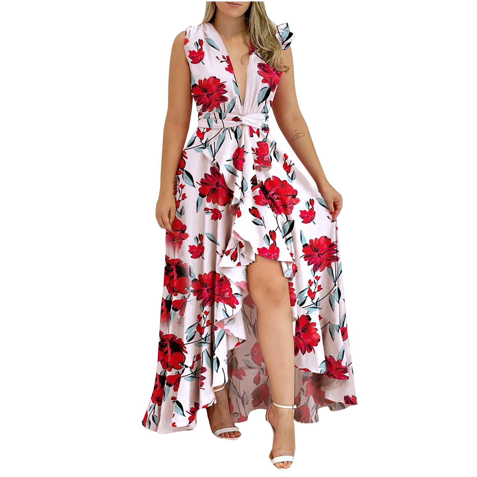 High Low Plus Size Dresses for Women Sexy Plunge V Neck Floral Print Maxi Formal  Dress for Beach Wedding Party - Walmart.com