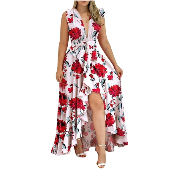 IROINNID V-Neck A-Line Dress For Women Summer Fashion Sleeveless High Waist Printed Temperament Swing Dress Comfort Waist Dress