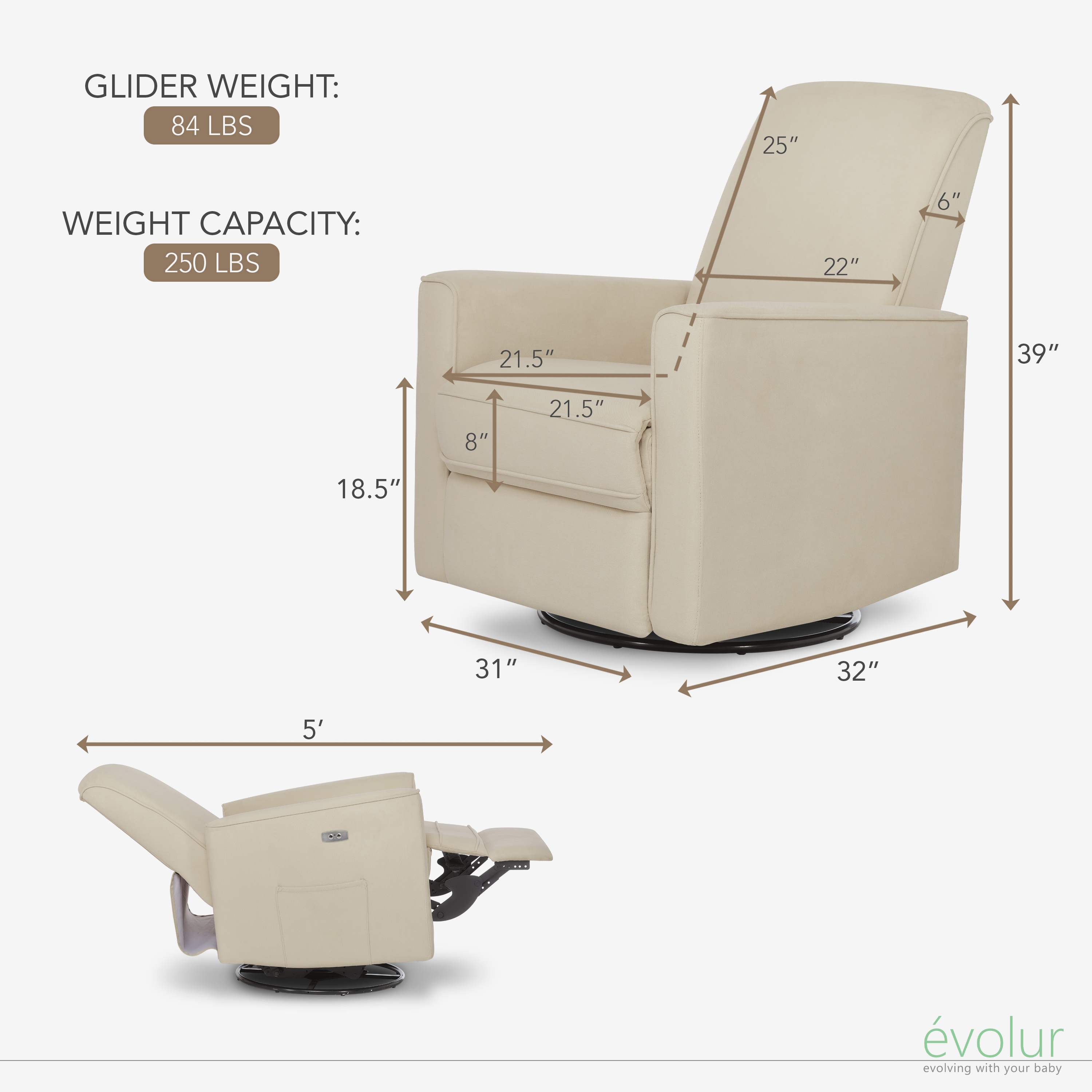 Evolur Harlow Power Recliner and Gliding Rocker with USB Charger Port, Shell