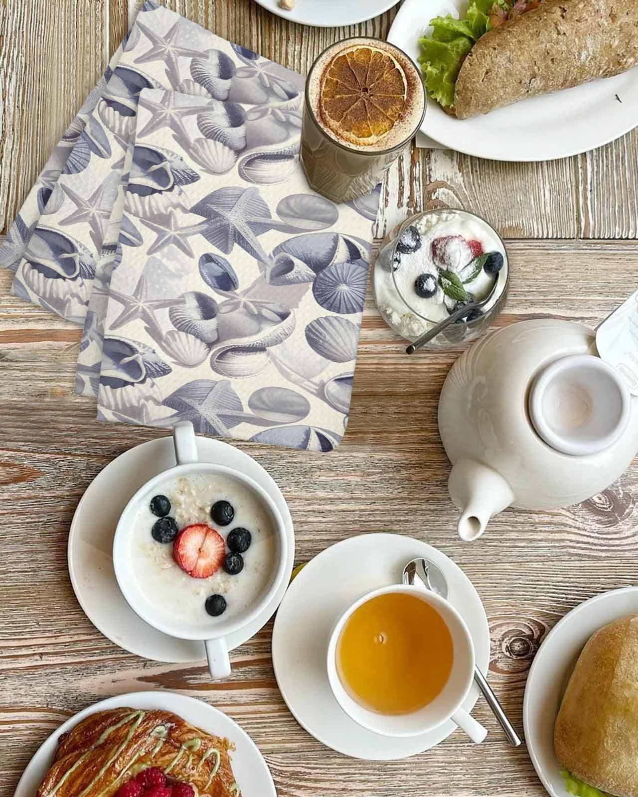 Vintage Coastal Kitchen Dish Towels for Drying Dishes Set of 3, Blue Grey Starfish Shell Conch Waffle Weave Microfiber Terry Hand Tea Bathroom Towels Quick Dry & Absorbent Towel 15.7x23.6