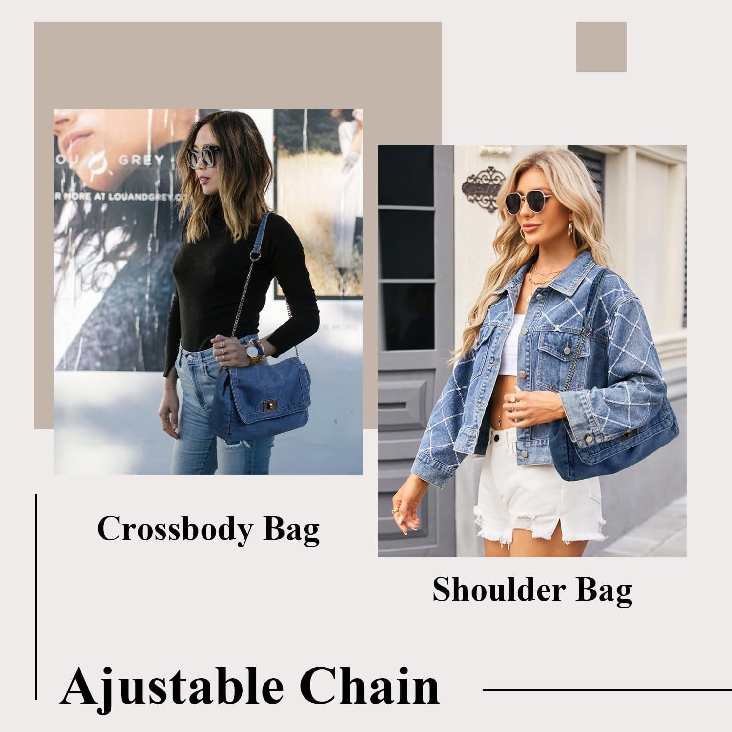 Denim Tote Bag for Women Fashion Adjustable Chain Shoulder Handbag Crossbody Bag Retro Zipper Hobo Purse