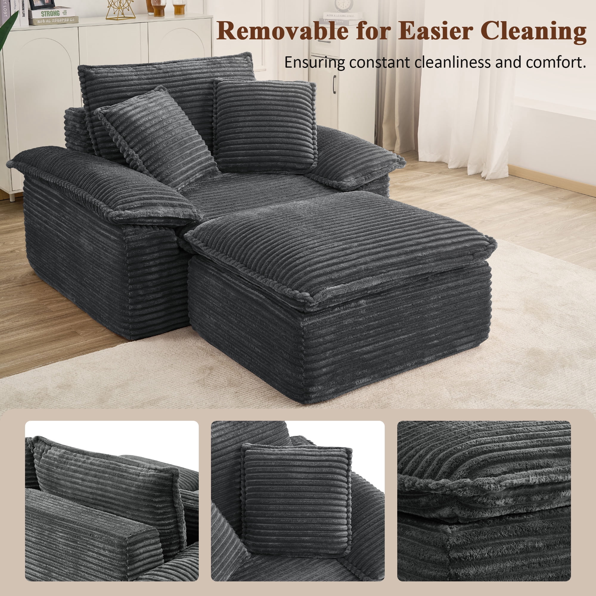 Aukfa 63.5" Oversized Chaise Lounge Sofa with Movable 2-Layer Ottoman, Deep Seat Boneless Couch, Corduroy Lounge Chair, Dark Gray