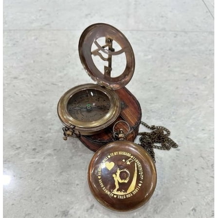 Brass Nautical Sundial Compass with Leather Case and Chain - Push Open Steampunk Accessory, Unique Gift for Men - Beautiful Handmade Sundial Clock to My Husband
