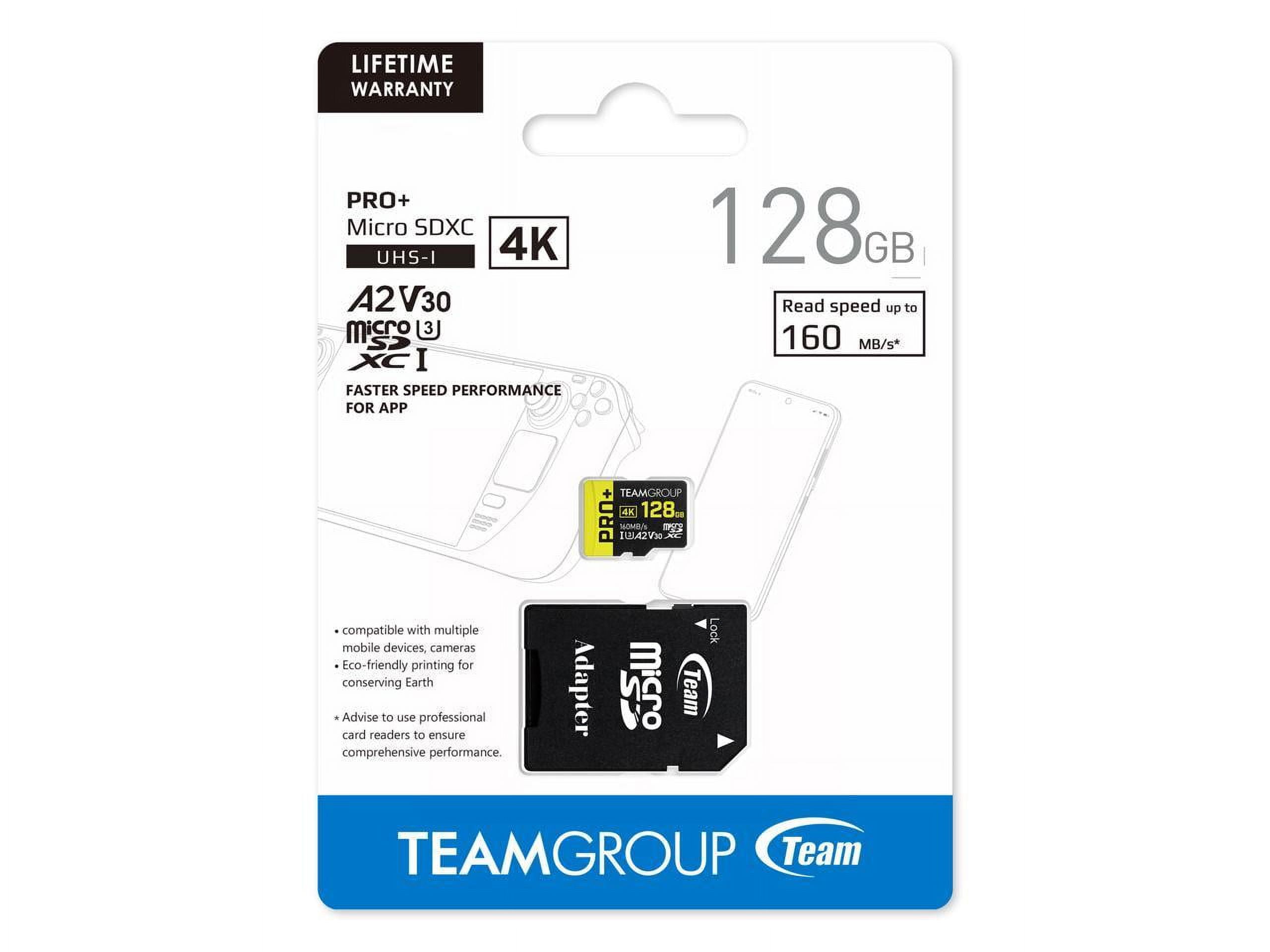Team 128GB PRO+ microSDHC UHS-I/U3 Class 10 Memory Card with Adapter, Speed Up to 160MB/s (TPPMSDX128GIA2V3003)