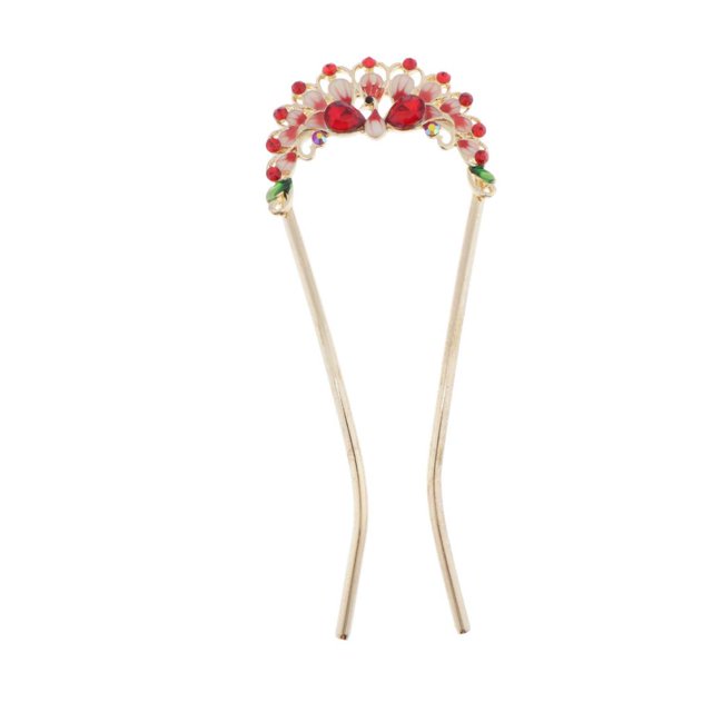 Agarre de horquilla de pelo de 2 puntas de aleación - Horquilla de pelo de de imitación vintage - Palillos de pelo chinos rojo Colcomx Broche de diamantes de imitación para mujer