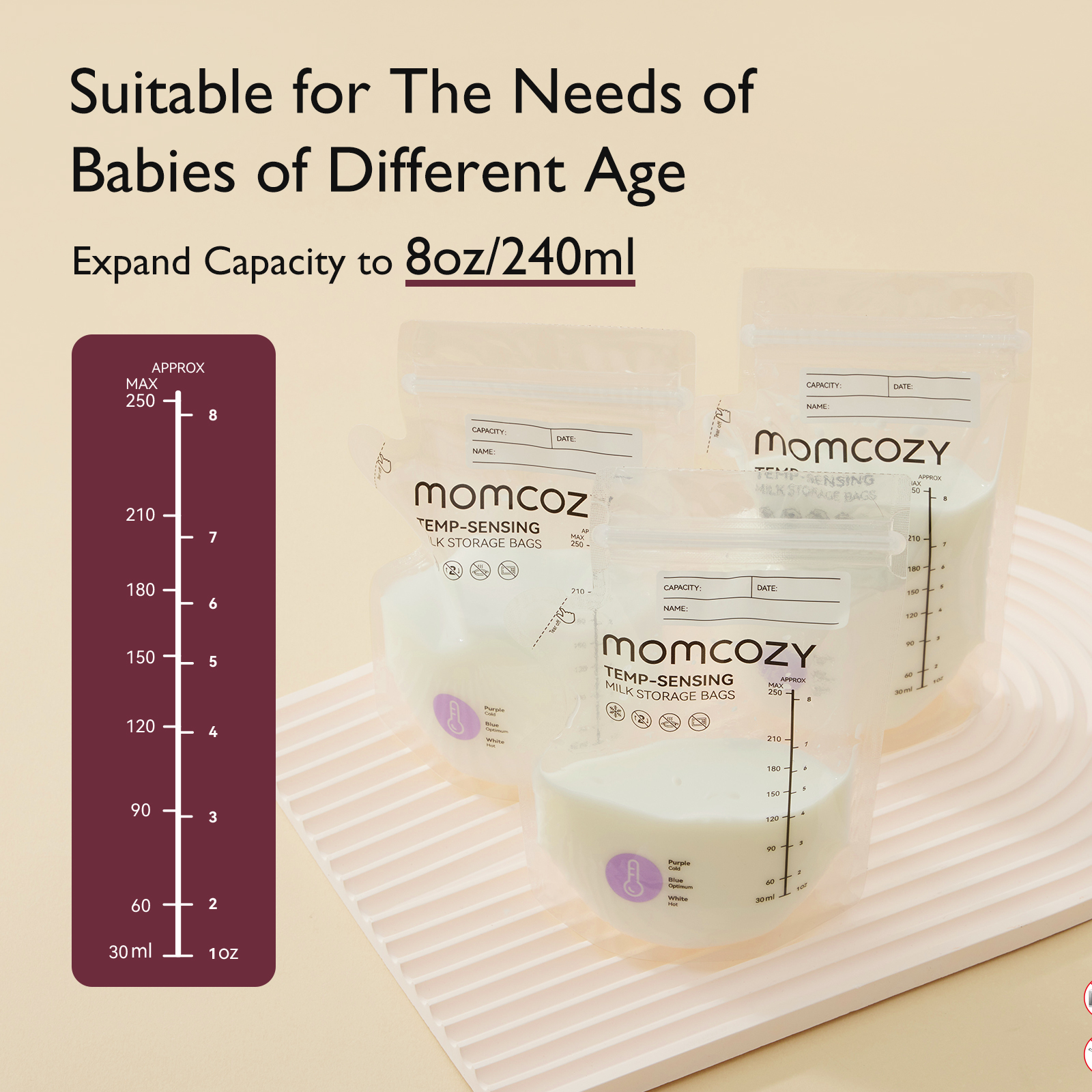 Momcozy Breastmilk Storage Bag, 8Oz, Temp-Sensing Color Change, 200 Count