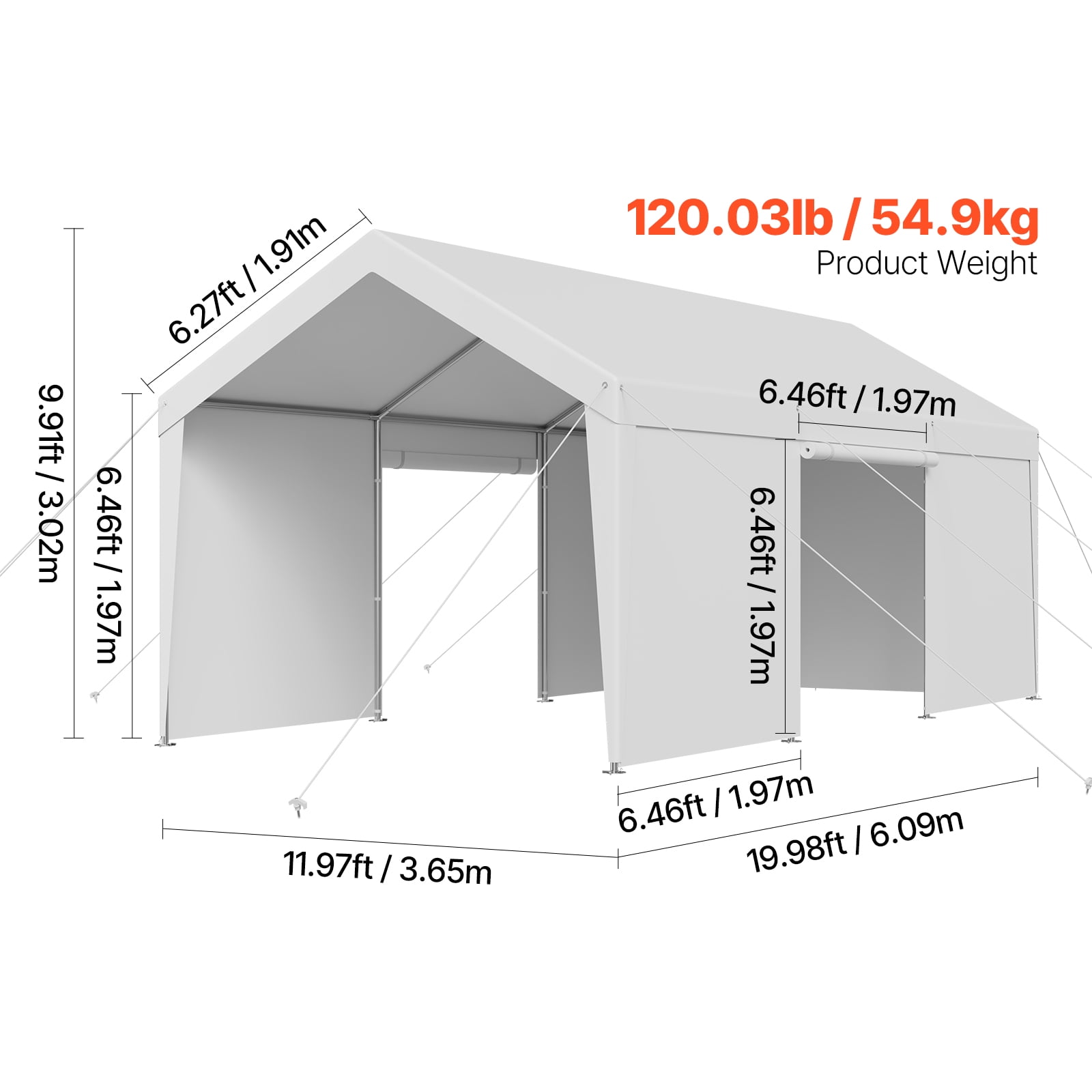 KFFKFF 12 x 20 FT Outdoor Car Canopy with Removable Sidewalls & Door, Heavy Duty Portable Outdoor Garage Carport, UV-Resistant Car Shelter for Automobiles, Boats, White