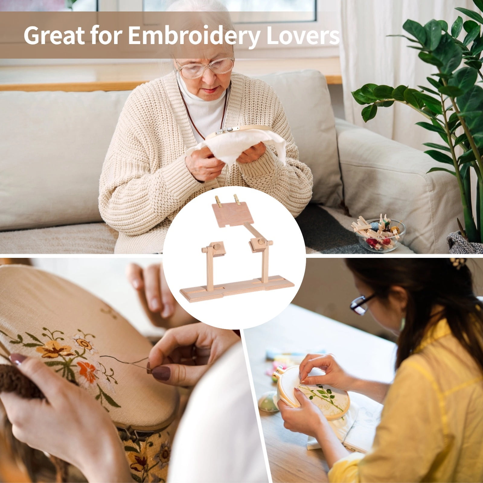 Embroidery Stand, Adjustable Cross Stitch Hoop Holder, Hands Free Wooden Embroidery Frame Stand for Art Stitching Sewing