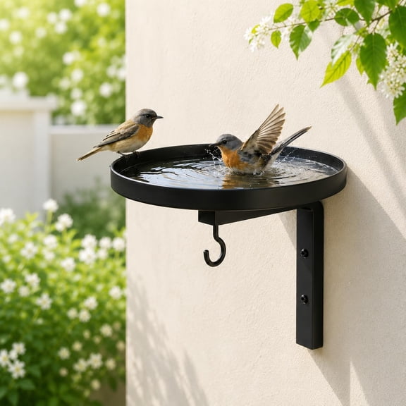 Wall Mounted Metal Bird Bath with Feeder Tray and Hook Bracket - Heavy Duty Deck Mounted Birdbath Bowl for Outside Garden, Fence, Balcony, Patio Decor(Q)