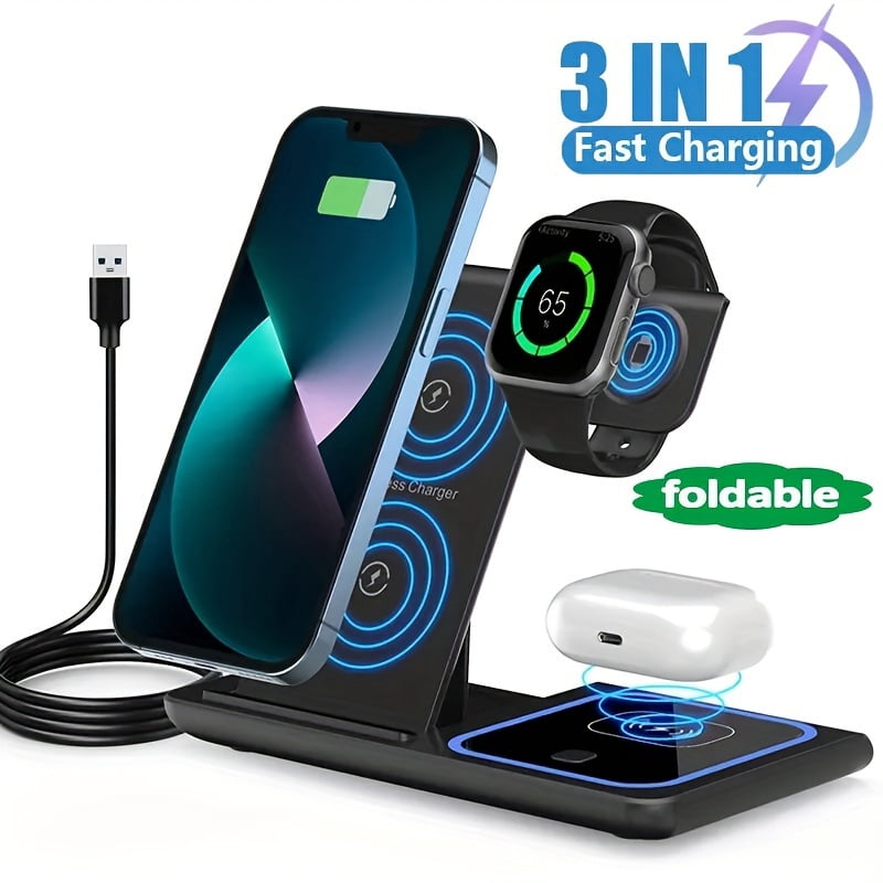 Foldable 15W Fast Charging Base for Iphone 15, 14, 13, 12 Pro Max, Apple Watch 8, 7, And Airpods - 3 in 1 Wireless Charger Stand Pad