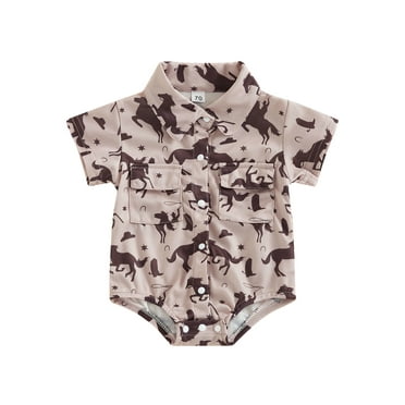 jaweiwi Baby Toddler Boy Western Romper, 0 3M 6M 12M 18M Short Sleeve Turn-down Collar Horse/Cactus Print Summer Bodysuit for Casual Daily