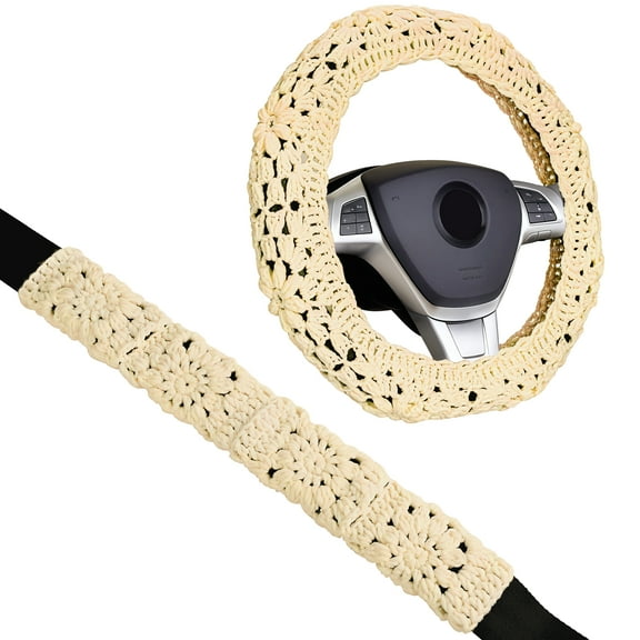 Crochet Steering Wheel Cover and Seat Belt Pads Set, Handmade Daisy Flower Pattern, Green and White Car Interior Accessories, Universal Fit for Cars, SUVs, Trucks, 3 Piece Set