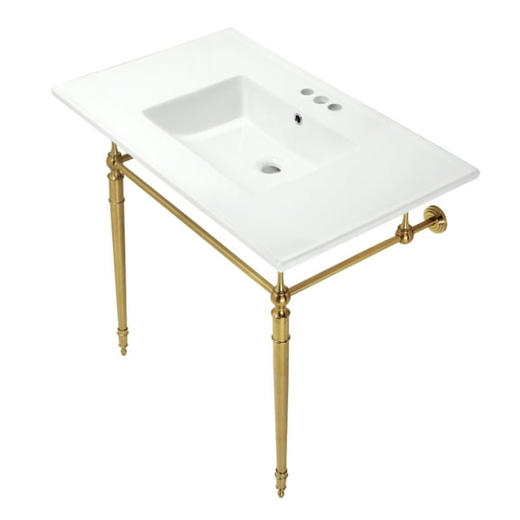 Kingston Brass KVPB37227W4BB Edwardian 37" Ceramic Console Sink with Brass Legs (4-Inch, 3-Hole), White/Brushed Brass