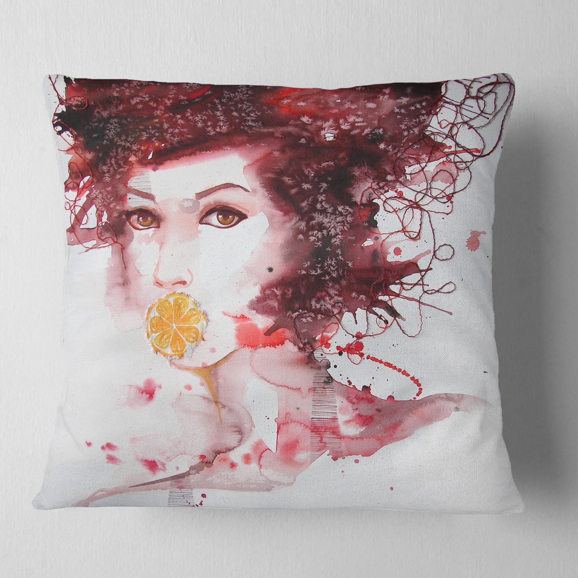 Designart Illustrated Girl with Red Hair - Abstract Portrait Throw Pillow - 18x18