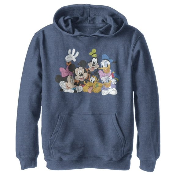 Boy's Mickey & Friends Club House Group Shot  Pull Over Hoodie Navy Blue Heather Large