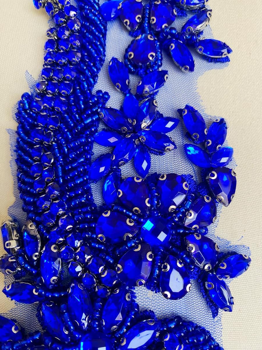 1 par de parches de cristal hechos a mano con cuentas corpiño encaje DIY apliques parches accesorio para ropa de vestir 35X12cm (Blue)