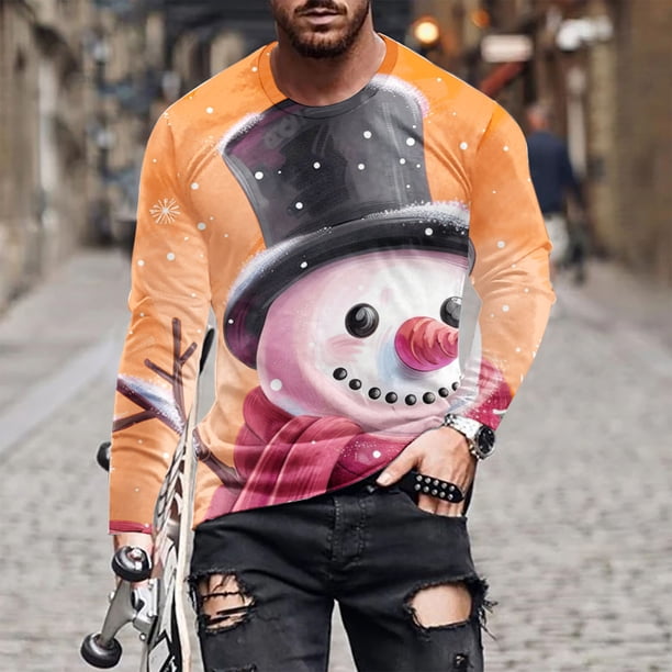 Blusas y camisas de manga larga y cuello redondo para hombre, informales, a la moda, con estampado navideño, cuello redondo, blusas de licra de manga larga para hombre.