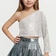 thumbnail image 2 of Diufon Girls Sparkly Tops Trendy Single Shoulder Plaid Glitter Party Crop Tops Performance Dance Shirt for Teen, 2 of 4