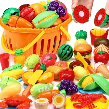 Bmag 88pcs Cutting Play Food Sets for Kids, Pretend Play Kitchen Toys Accessories Educational Toy Food with Storage Basket