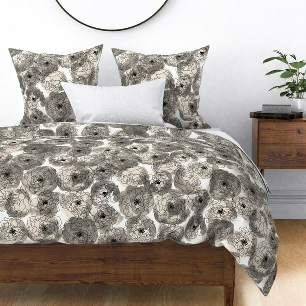 Peonies Black And White Watercolor Floral Grey Sateen Duvet Cover