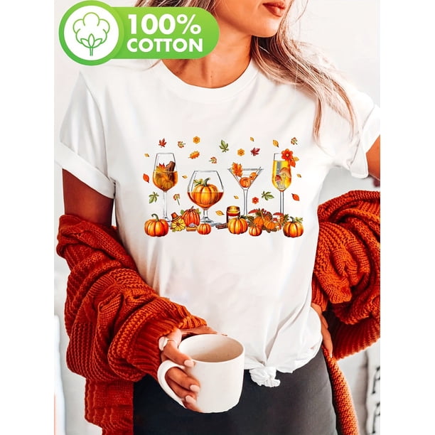 Halloween T-shirt - Women's Autumn Harvest Drinking Party Print T-Shirt - 100% Cotton Short Sleeve Crew Neck Casual Top with Pumpkin & Fall Leaves Design, Ladies Tops for Fall
