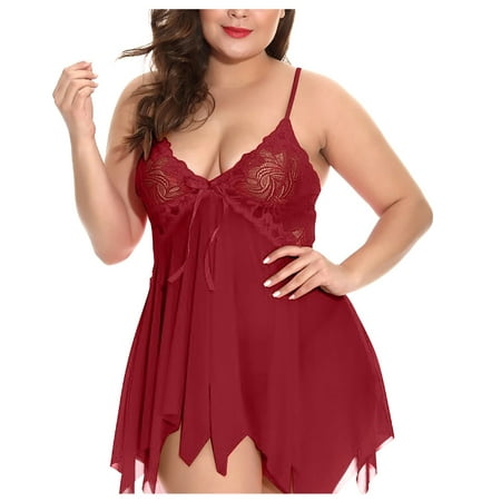 

BIZIZA Chemise for Women Sexy Lingerie V Neck Lace Plus Size Babydoll Nightdress Outfits Deep Red XXXXL