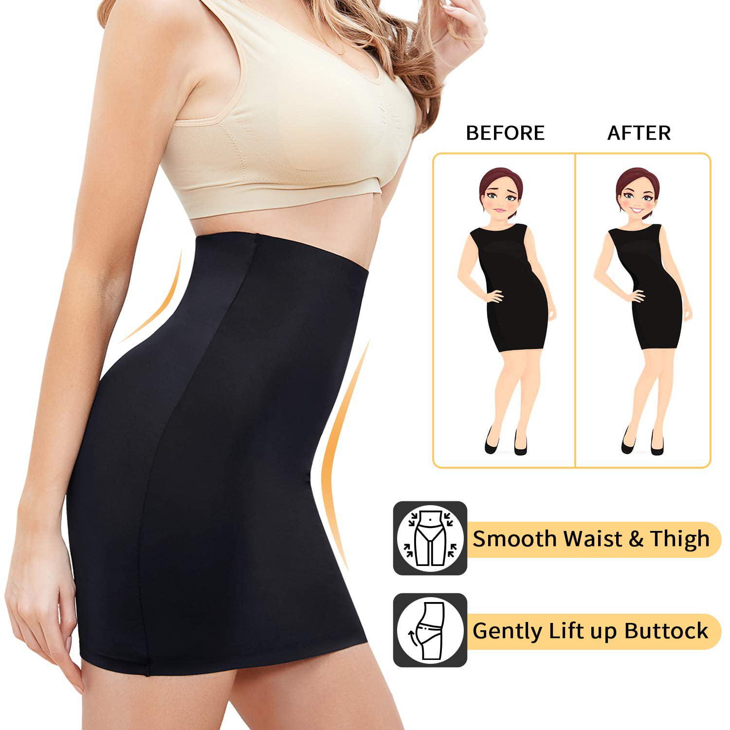 QRIC High Waist Half Slips for Women Under Dresses Shapewear Tummy Control  Slip Dress Seamless Bodyshaper Slimming Skirt - Single Pack 