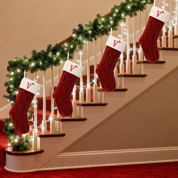 1PC Christmas Red Stockings with Initials, 26 Letters Embroidered Xmas Stockings, 18" Large Monogram Knitted Xmas Candy Gift Bag Stocking Candy Gift Bag, Xmas Hanging Stocking Decorations