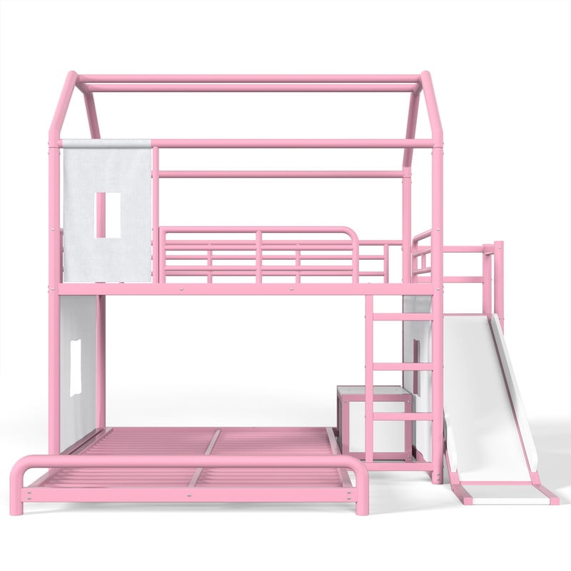 Full Over Full Metal Bunk Bed with Slide, Ladder, LED Light, Privacy Curtain and Movable Storage Cabinet, House-Shaped Kids Bunk Bed with Hanging Rod, No Box Spring Required