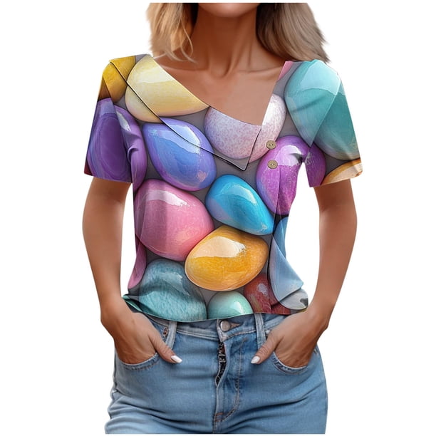 Top de Verano de las Mujeres, Cuello en V Moda Casual de Manga Corta Blusa, Primavera Y Verano Ligero Top