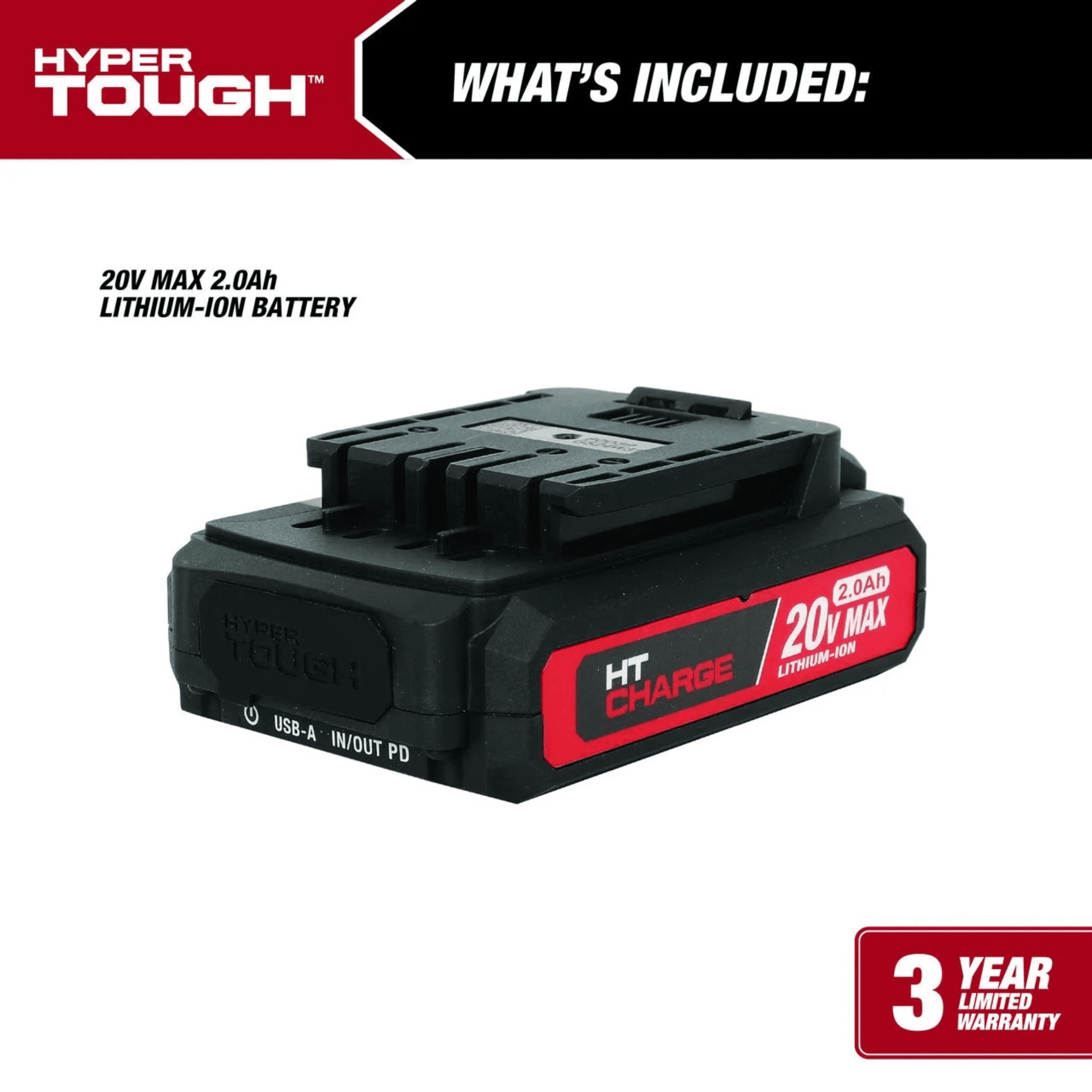 Hyper Tough 20V 2.0Ah Rechargeable Battery with USB-a and USB-c Ports