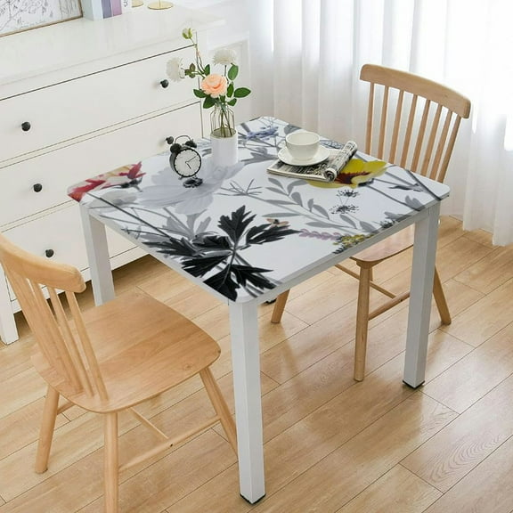 Square Table Cover, Waterproof Reusable Table Cloth Square Fitted Vinyl Tablecloth with Elastic Edged for Parties Outdoors, Leaf Yellow Flower