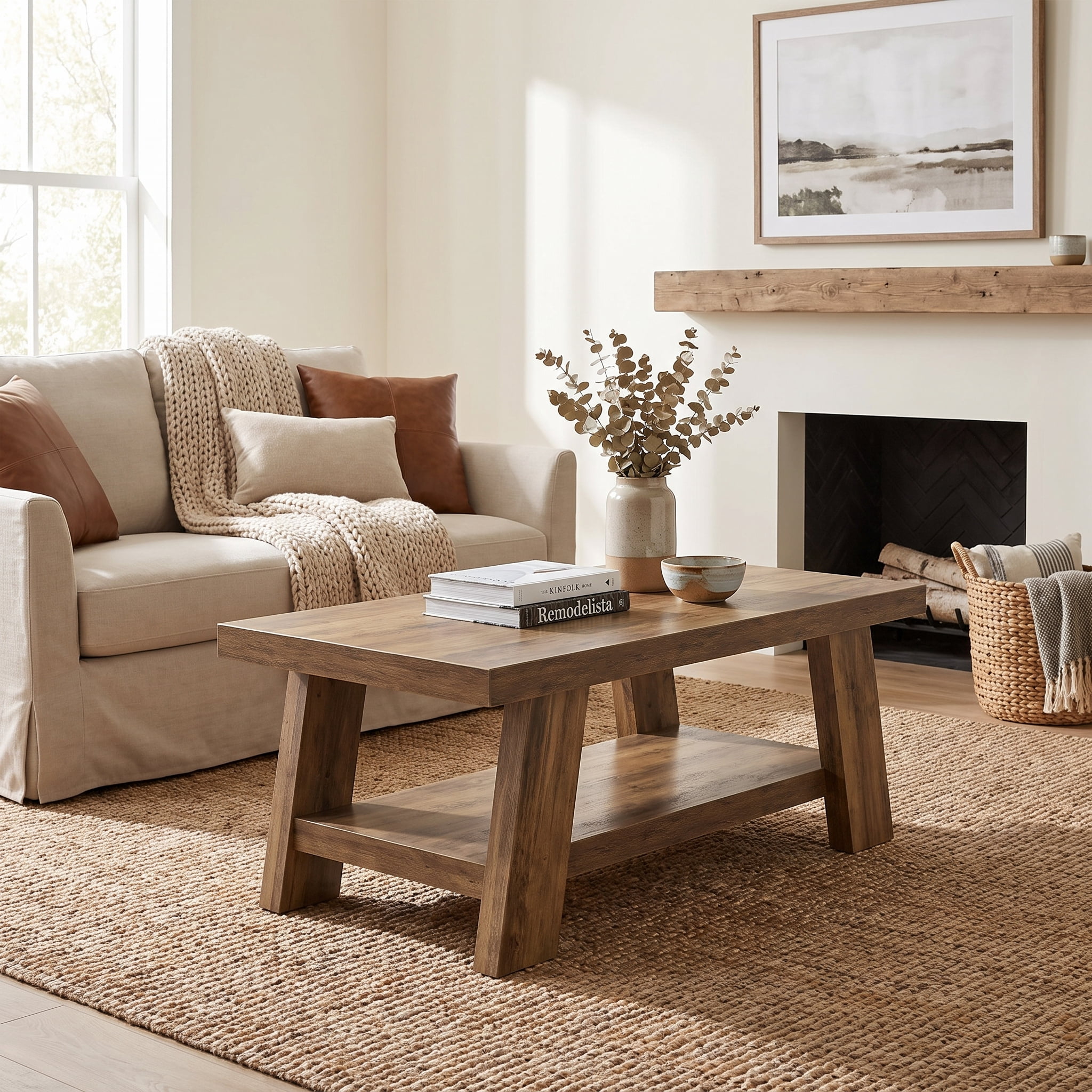 Fnova 47 Inch 2-Tier Farmhouse Coffee Table with Storage Shelf, Rectangle Center Table, Cocktail Tea Table for Living Room, Apartment, Home Office