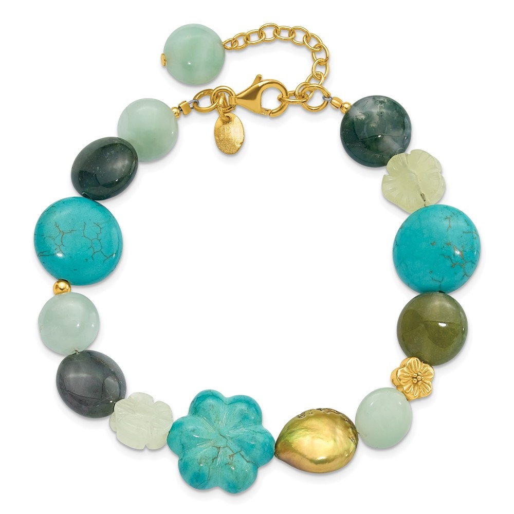Diamond2Deal 925 Sterling Silver Gold-plated Amazonite/Jasper/Jade/Recon Magnesite Bracelet for Women 1in ext.40"