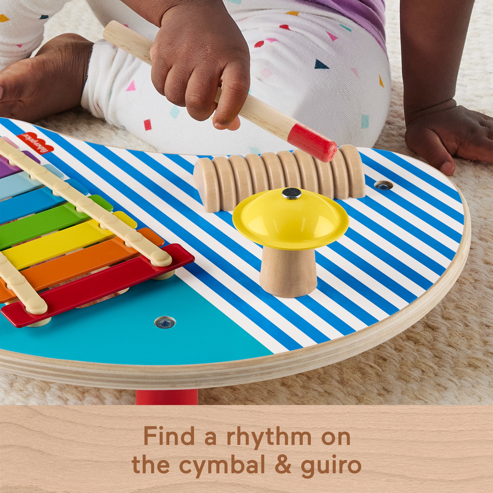 Fisher-Price Wooden Toy Musical Table with Percussion Instruments for Toddler Role Play, 3 Wood Pieces