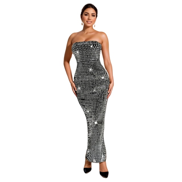Vestido largo Figdaw sin tirantes con strass y lentejuelas, negro 2025
