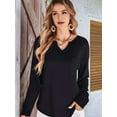 thumbnail image 4 of Womens Tops Waffle Knit Long Sleeve Notched V Neck Shirts Casual Trendy Solid Color Loose Blouses Black S, 4 of 6