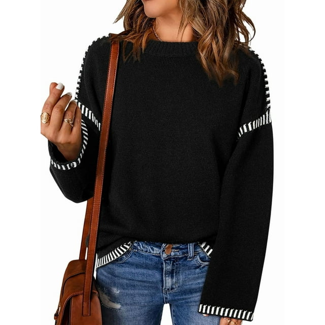 Suéteres para Mujer, Cuello Redondo Liso, Corte Holgado, Larga, Punto en Contraste, Jersey, Tops Negro L