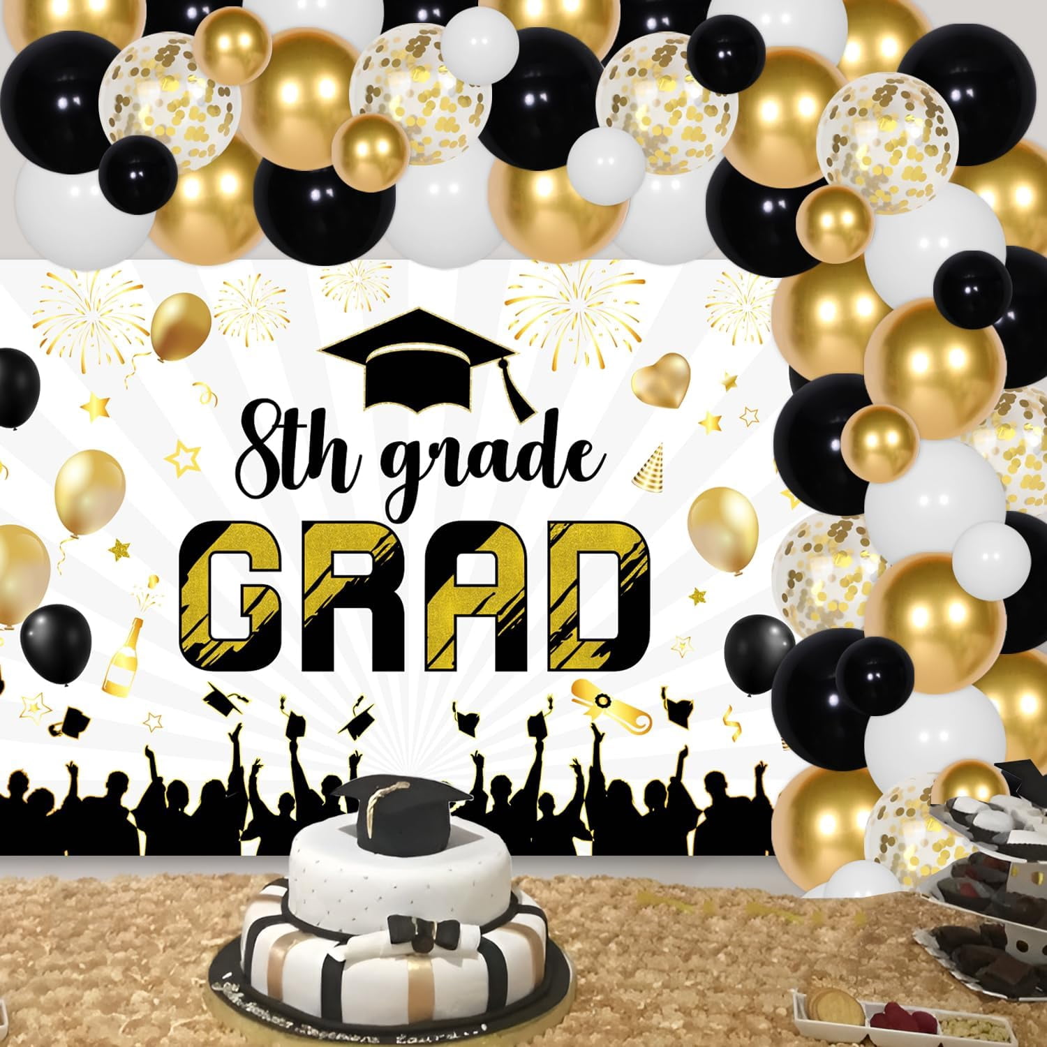 79Pcs Black Gold 8th Grade Graduation Decorations 2024 - 8th Grade Grad Backdrop Black Gold Balloon Garland Arch Kit for Boy Girl Kids Class of 2024 Eighth Grade Graduation Party Supplies