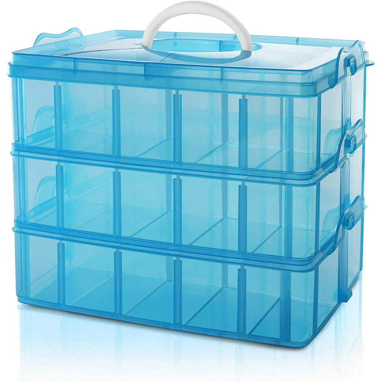 Craft Storage Organizer,Sewing Box,3-Tier Plastic Organizer Box with  Dividers, Storage Containers with 30 Compartments(Adjustable) for Organizing  Art Supplies, Fuse Beads, Jewelry,Tool,Kids Toy,Blue 