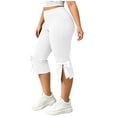 thumbnail image 5 of Womens Plus Size Stretchy Leggings Elastic Waist Butt Lifting Side Slit Bow Tie Hem Capri Pants Casual Workout Yoga Pants White, 5 of 9
