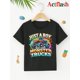 thumbnail image 2 of Actflash "Just A Boy Who Loves Monster Trucks" Youngsters' Black T-Shirt - 100% Cotton, Casual Round Neck, Short Sleeve with Colorful Cartoon Truck Graphic, Perfect for Summer Play, 2 of 8