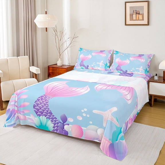 Manfei Kids Children Kawaii Mermaid Twin Sheet Sets 3pcs,Cartoon Marine Animal Twin Fitted Sheet Microfiber,Cute Sea Wildlife Breathable Flat Sheet,Super Cozy Room Decor