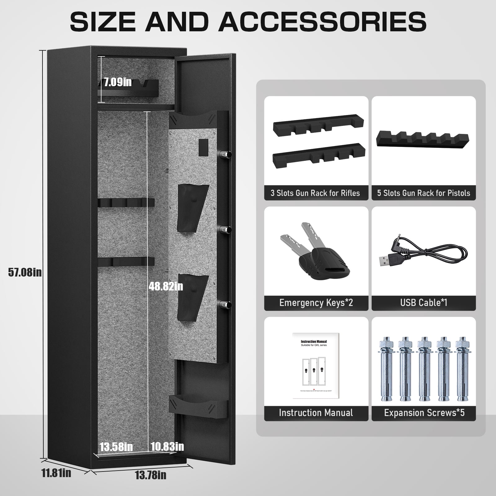 5 Gun Safe, Quick Access Gun Safe with Silent Mode and Alarm System, Gun Safe for Pistols, Gun Cabinet with Removable Shelf and 3 Adjustable Gun Slots