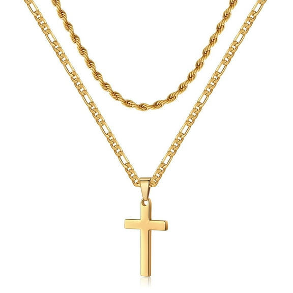 Layered 14K Yellow Gold Cross Pendant Necklace for Men Women, Minimalist Jewelry Plain Cross Christ Faith Necklaces Gift
